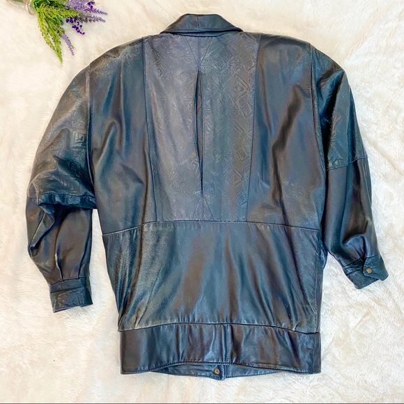 VINTAGE 80s Etched Navy Blue Leather Jacket - Picture 6 of 8